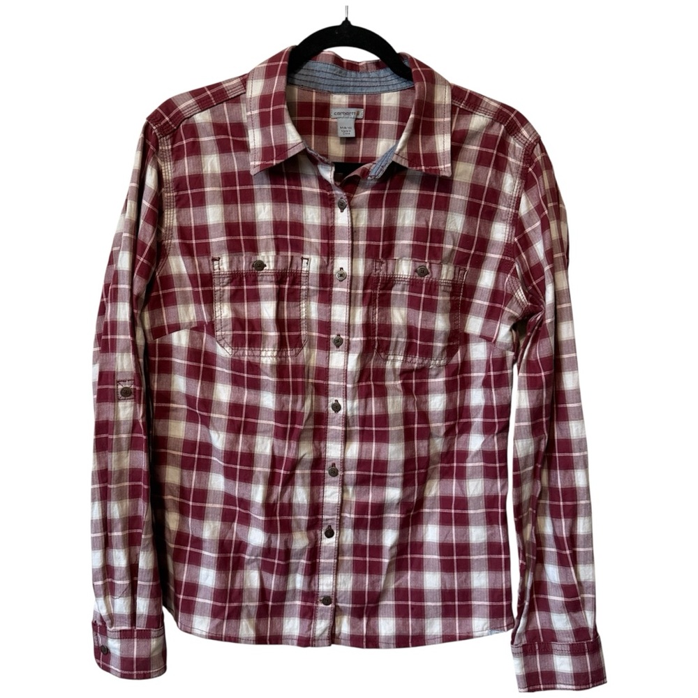 Carhartt Burgundy and White Plaid Shirt Sz M Button Down